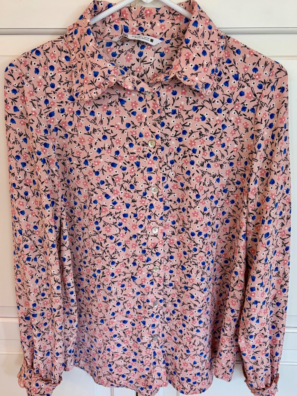 Zara pink pink floral ruffled, long sleeve blouse, medium